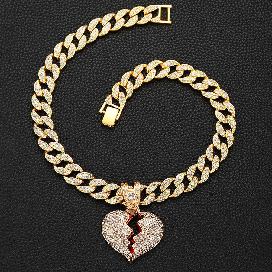 Ins Fashion Style Alloy Full Dia Boyfriend Love Necklace for Men and Women Hip Hop Shattered Heart Pendant Chain