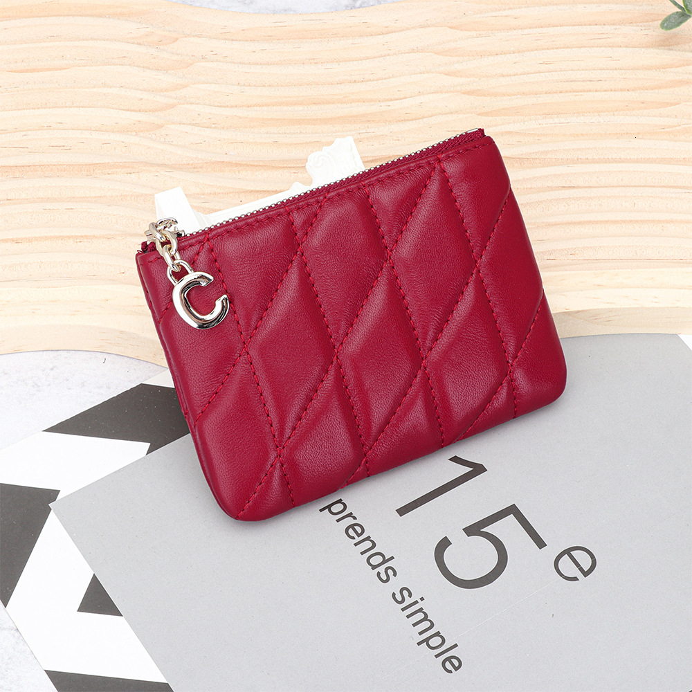 2025S Trend Designer Sheepskin Fashion Thin Zipper Women S New Genuine Leather Embroidered Grid Wallet Key Storage Small Bag