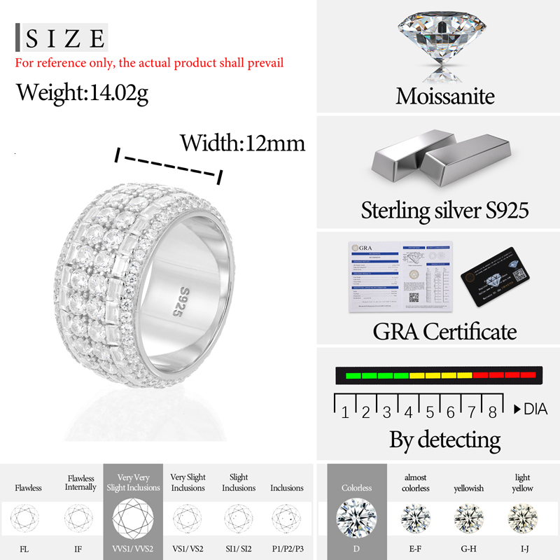 TUHE Unisex Double Row Classic Moissanite 925 silver Ring For Men Hip Hop Jewelry Pave Setting Ring Fashion Rock Gift