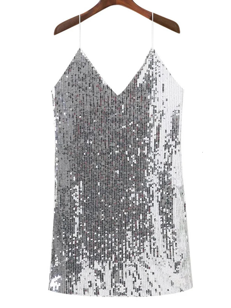 Deep V Neck Silver Sequined Backless Sexy Dress Women Off Shoulder Mini Short Christmas Party Club Strap Dresses 250320