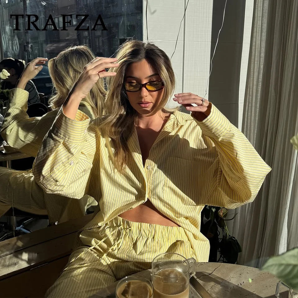 TRAFZA 2025 Spring Summer Casual Poplin Striped Women Suits Fashion Vintage Turn Down Collar Loose Shirts Chic Drawstring Pants 250320