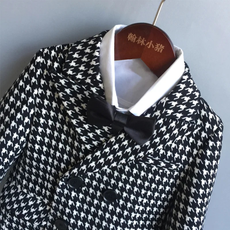 Childrens Houndstooth Formal Suit Set Boys Wedding Birthday Party Performance Costume Kids Double Breasted Blazer Pants Clothes 250320