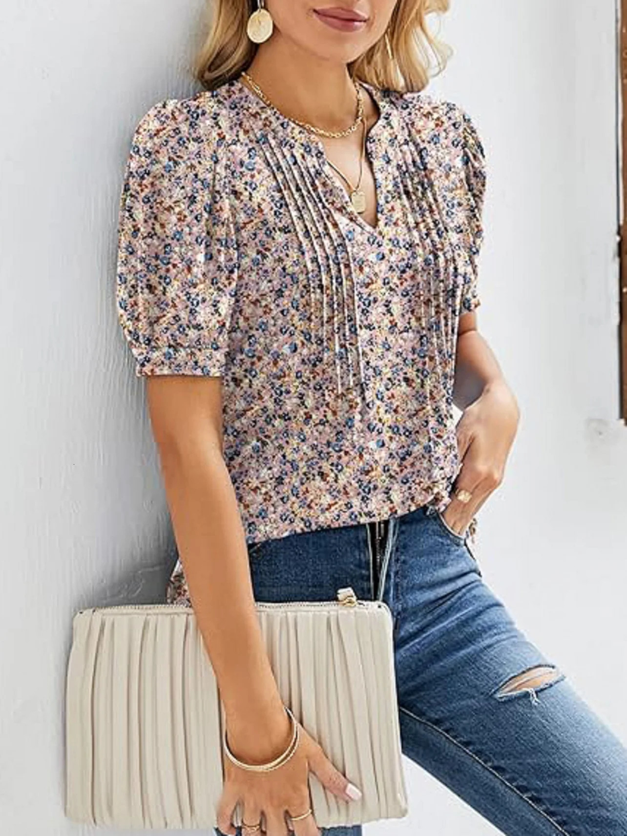 Womens Tunic Tops V Neck Shirts Short Sleeve Summer Puff Pleated Casual Blouses Puff Pleated Work Blouse Fashion Tops 250317