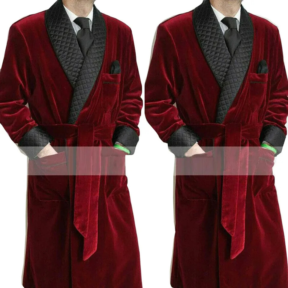 Burgundy Mens Long Jacket Black Shawl Lapel Double Breasted Velvet Smoking Male Coat Casual Slim Fit Handsome Outerwear 250311