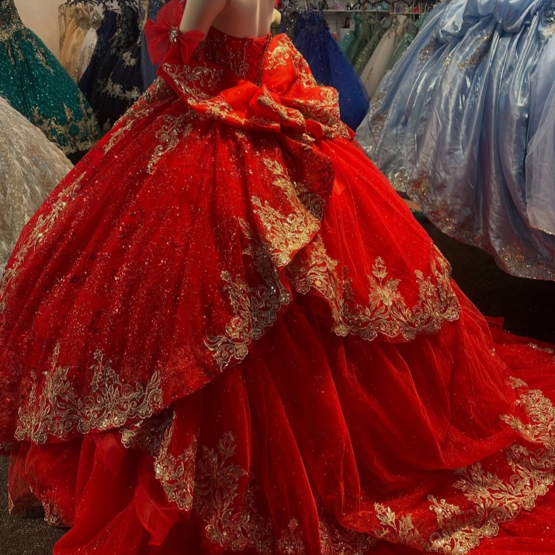 Red Shiny Quinceanera Dresses Off The Shoulder Applique Lace Beading Crystal Bow Tull Mexican Sweet 16 Vestidos De XV 15 Anos