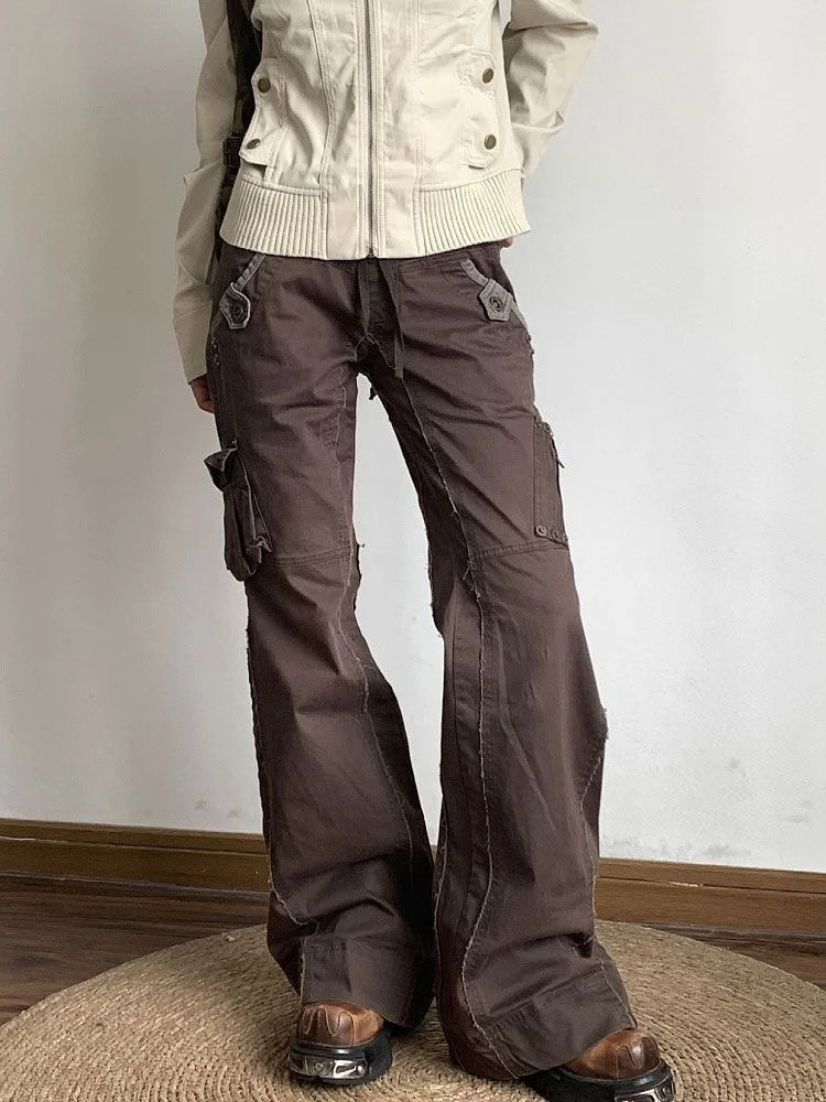 Hosen Y2K Fashion Brown Slim Stacked Flare Cargo Jeans Pants For Women Clothes Gothic Lady Trousers Ropa De Mujer 250320