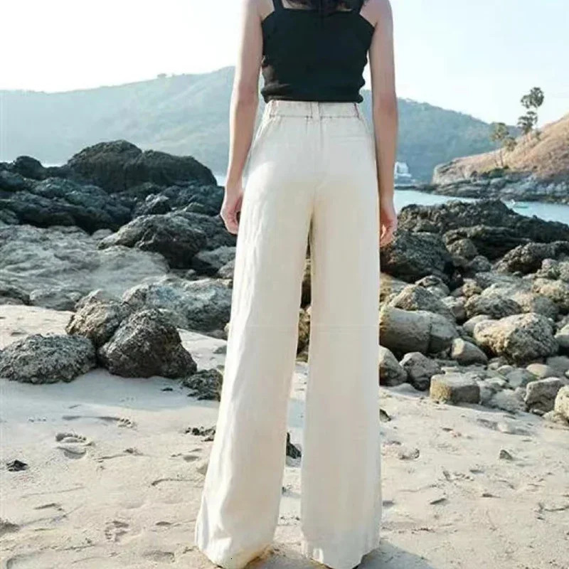Summer Baggy Cotton Linen Pants Women Elegant High Waist White Wide Leg Pants Woman Casual Loose Straight Full Trousers Female 250320