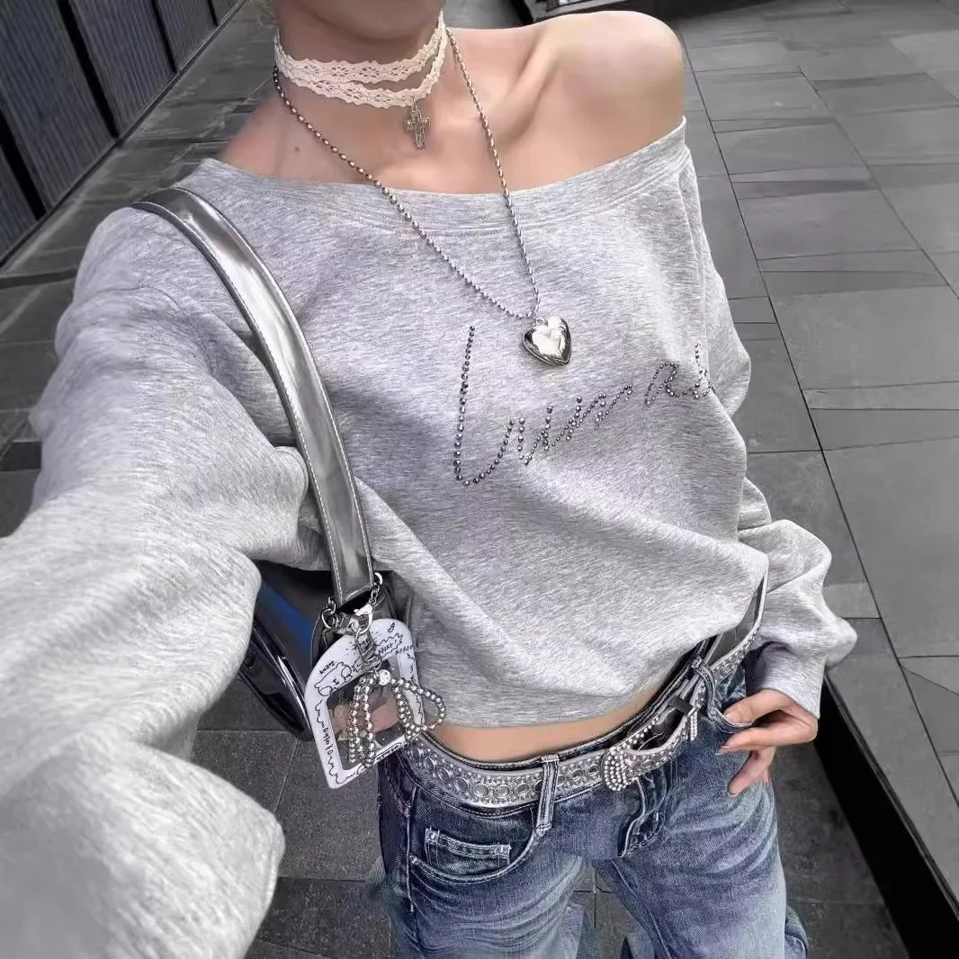 Spicy Girl Lazy Long Sleeve Grey Loose-Fit Sweatshirt Crossbody Off-The-Shoulder American Style Vintage Cropped Top 250320