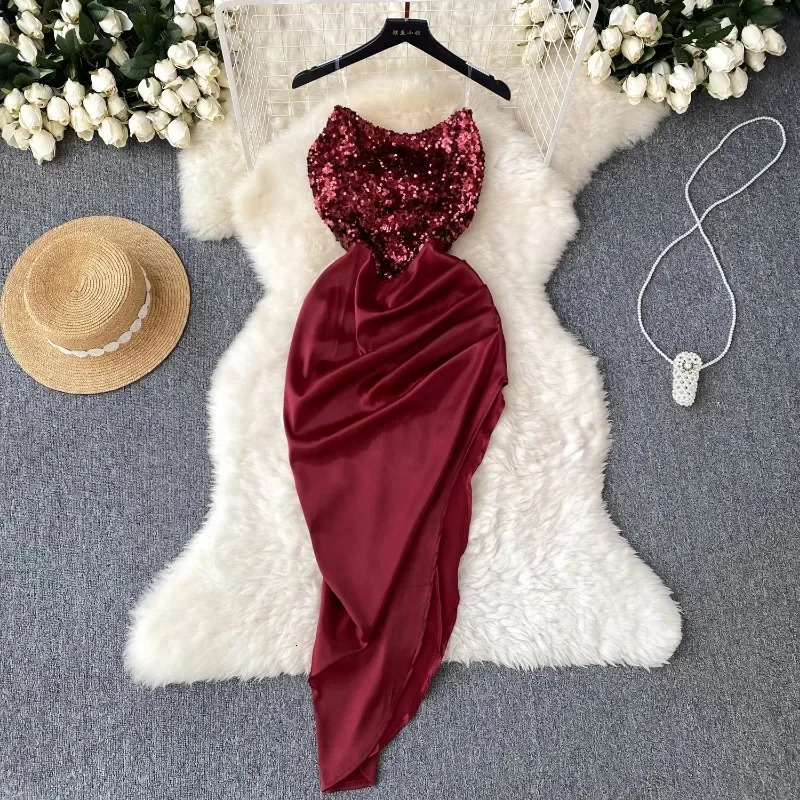 Fashion sequin asymmetrical strapless dress sleeveless Korean fashion vest womens retro summer hip wrap w250320