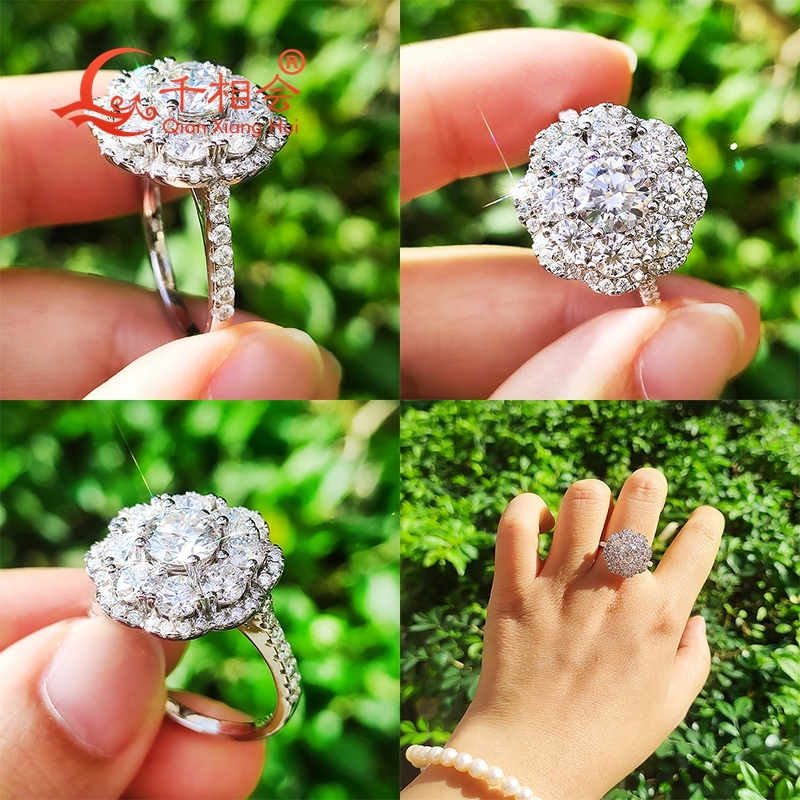 Sterling 925 Silver Flower Ring Half Band Moissanite Diamond Unisex Fine Jewelry Gift for Wedding And Dating