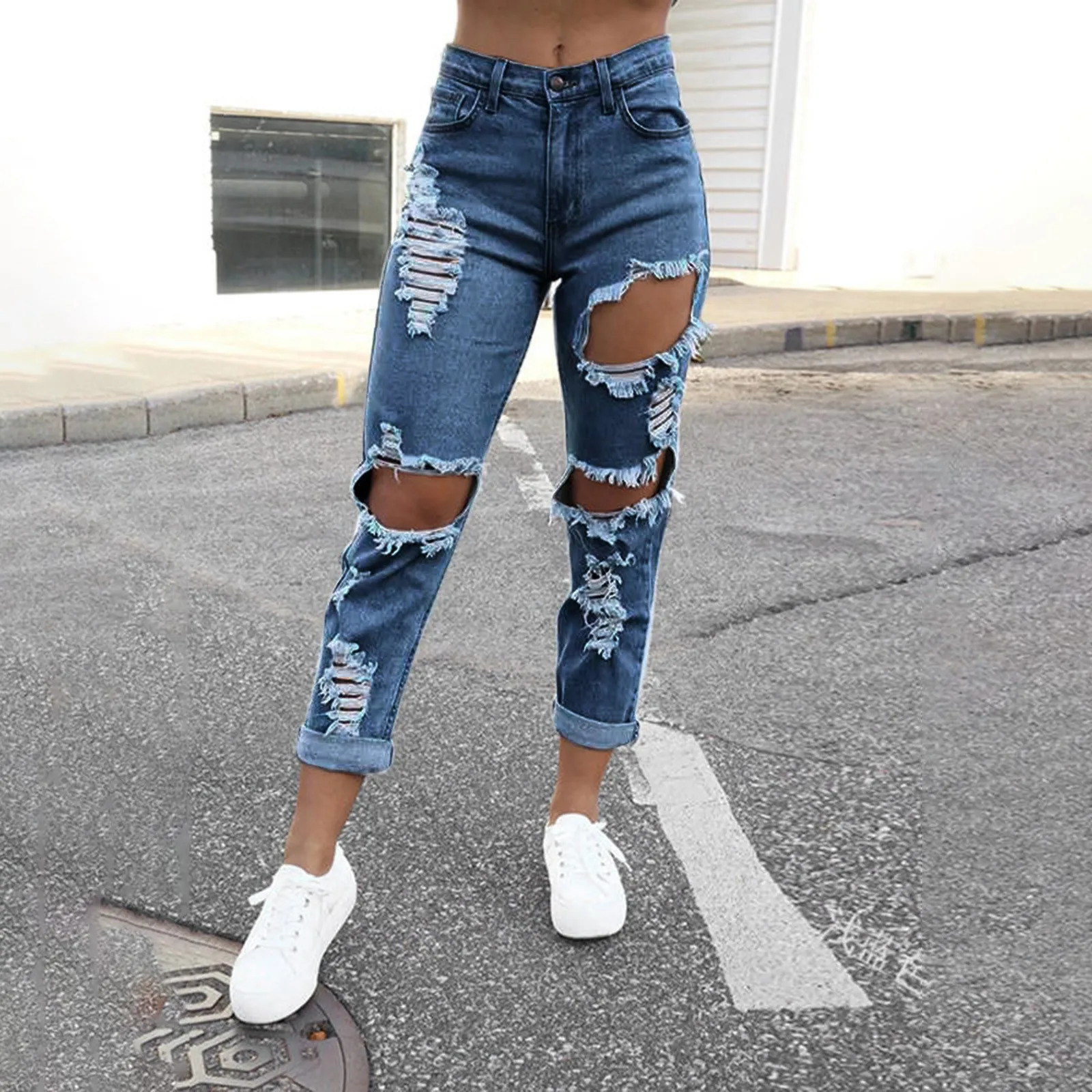 Hole Denim Womens Jeans Buttocks Ripped Jeans Street Style Vertical Tube Denim Pants Frayed Tassel Ripped Jeans Japanese 250320