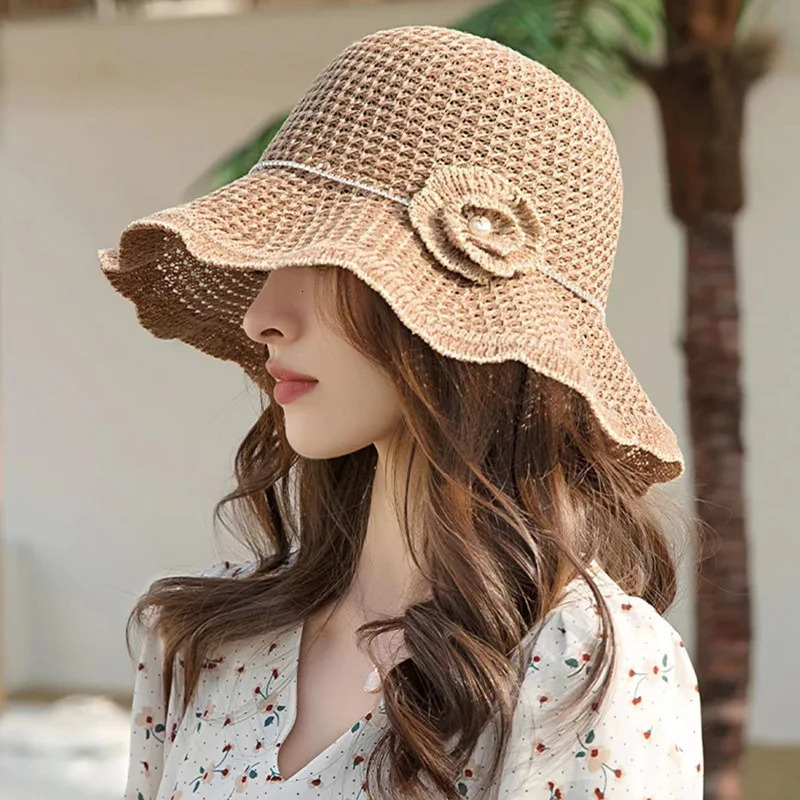 Black Hat Spring Summer Hat Korean Foldable Beach Straw Flower Leisure Sun Protuction Fisherman Bucket Hat for Women Panama Caps 250320