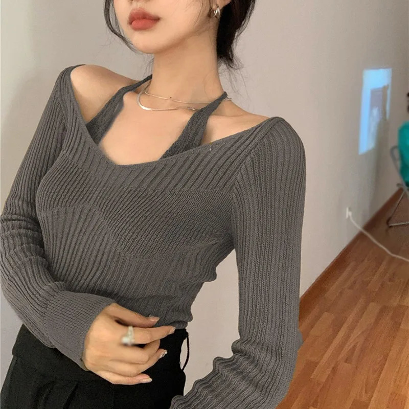 Spring And Autumn Long Sleeved Solid Color Slimming V-Neck Hanging Neck Tops Womens Off Shoulder Knitted Sweaters 250319