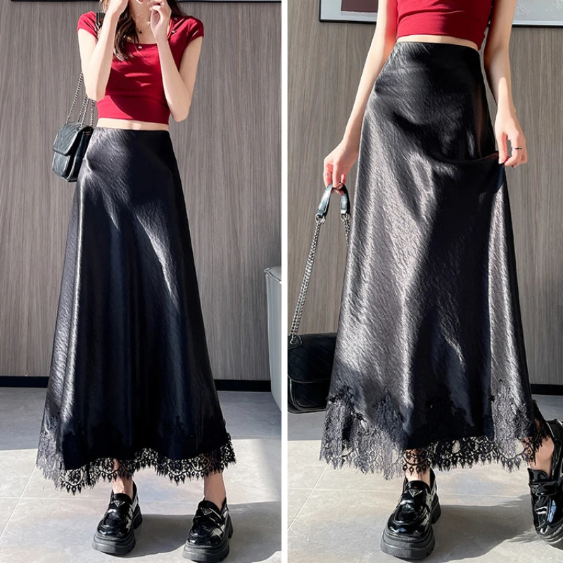 Seoulish Spring Summer Lace Patchwork Stain Womens Long Skirts 2025 Elegant High Waist Chic A-line Maxi Skirts Female 250320