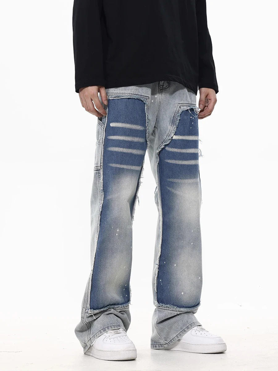 REDDACHIC Two tone Patch Work Bag Jeans Mens Hip Hop Splash Ink Brush Blue Washed Loose Suitable for Casual Wide Leg Pants Y2K Street Clothing 250317