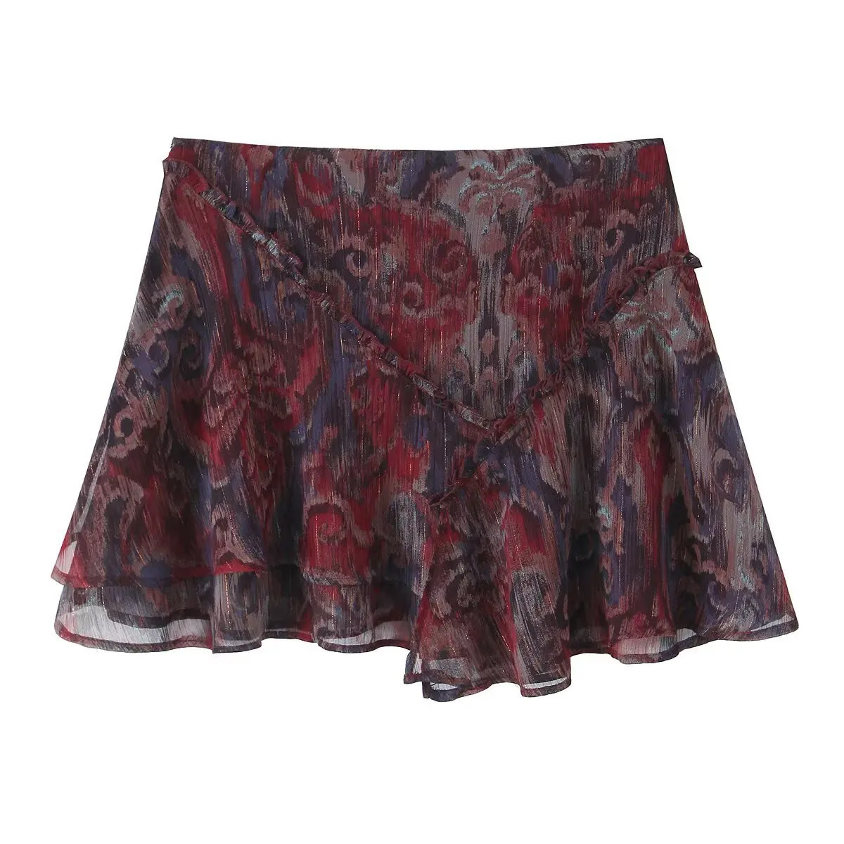 ZBZA Womens Metallic Line Mini Skirt High Waist Ruffled A-line Side Zipper Short Skirt Spring and Summer Casual Chic Skirt 250320