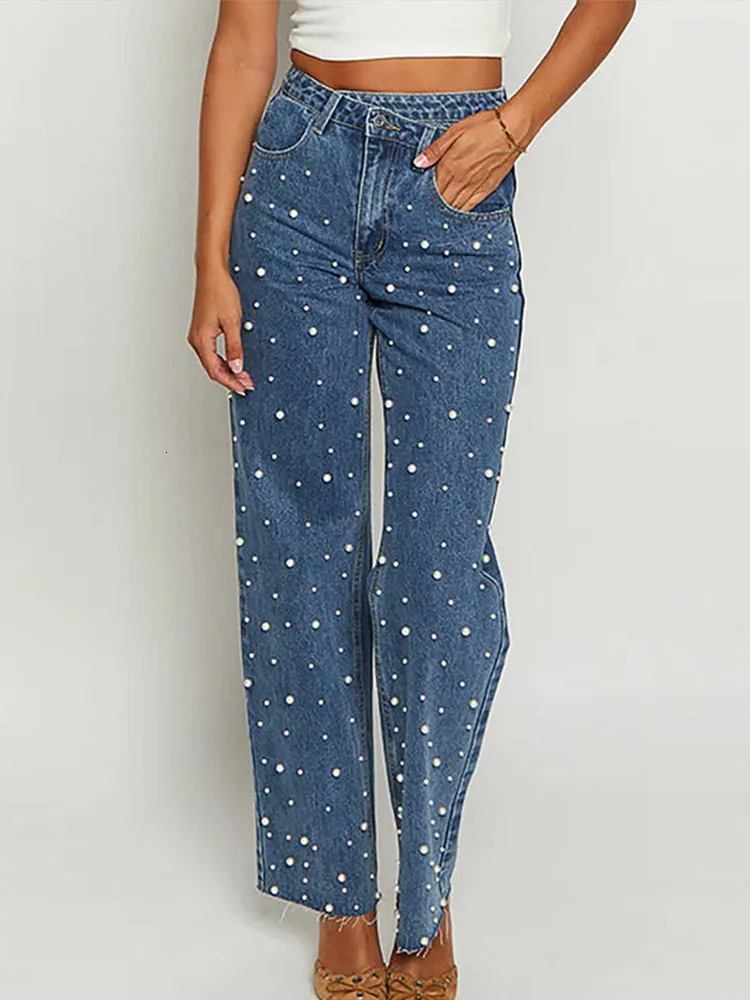 Vintage High Waist Denim Jeans Pant For Woman Y2K Straight Leg Studded Beads Streetwear For Woman Trendy Casual Trousers 250320