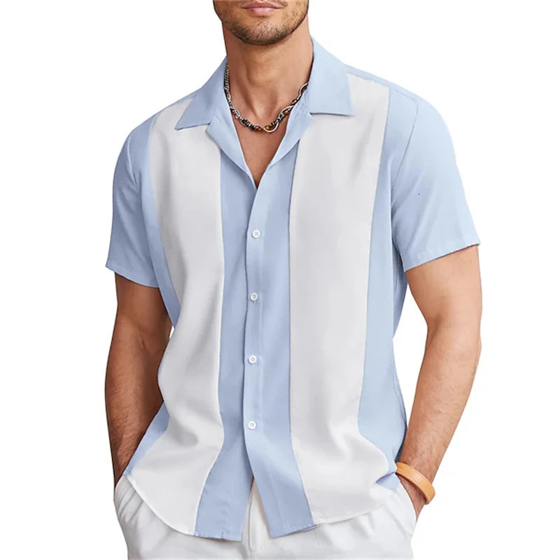 mens shirts Bowling shirts Button shirts Summer casual red short-sleeved color matching lapels Street clothing fashion 250317