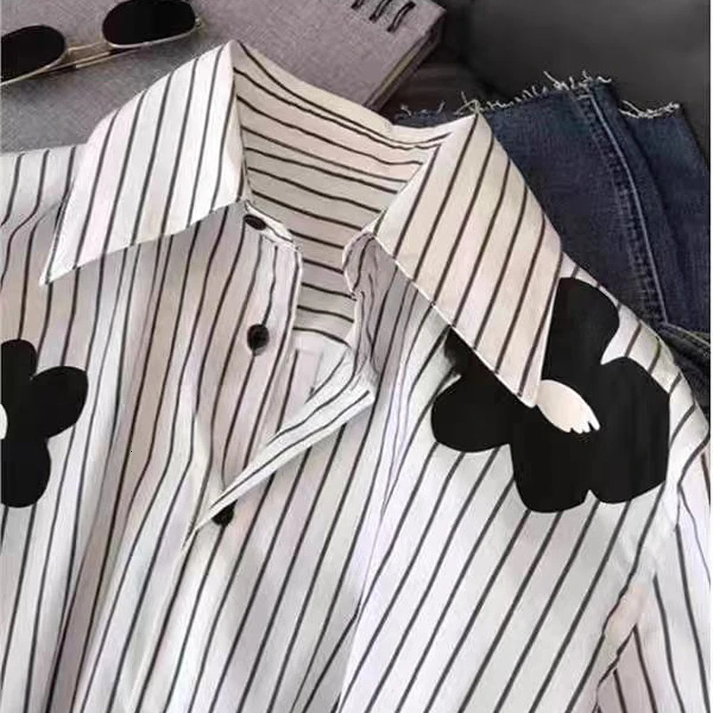 Collar patterned long sleeved loose shirt and shirt print casual single chest office white womens shirt 250320