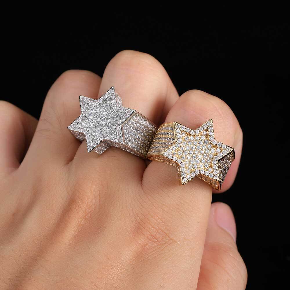Hip Hop All Ice Ring Jewelry Womens Hexagonal Star Shaped Brass Cubic Zirconia Micro Paved CZ Stone Mens Ring