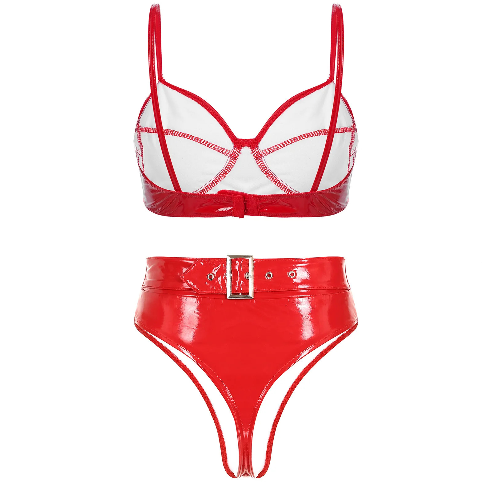 Womens Lingerie Intimates Underwear Set Rave Wet Look Patent Leather Wire-free No Padded Belly Bra Top with High Waist Briefs 250320