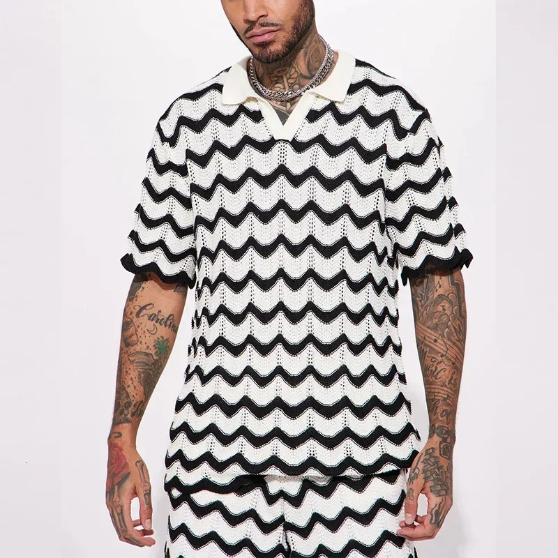 Summer Mens Knitted Fashion Printed Shirt and Shorts Two Piece Set for Sports and Leisure Mens Wear 250320