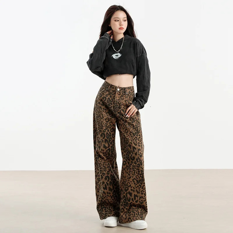 #2640 Streetwear Leopard Jeans Women Loose Vintage Straight Wide Leg Jeans Femme High Waisted Long Jeans Ladies Spring Autumn 250320
