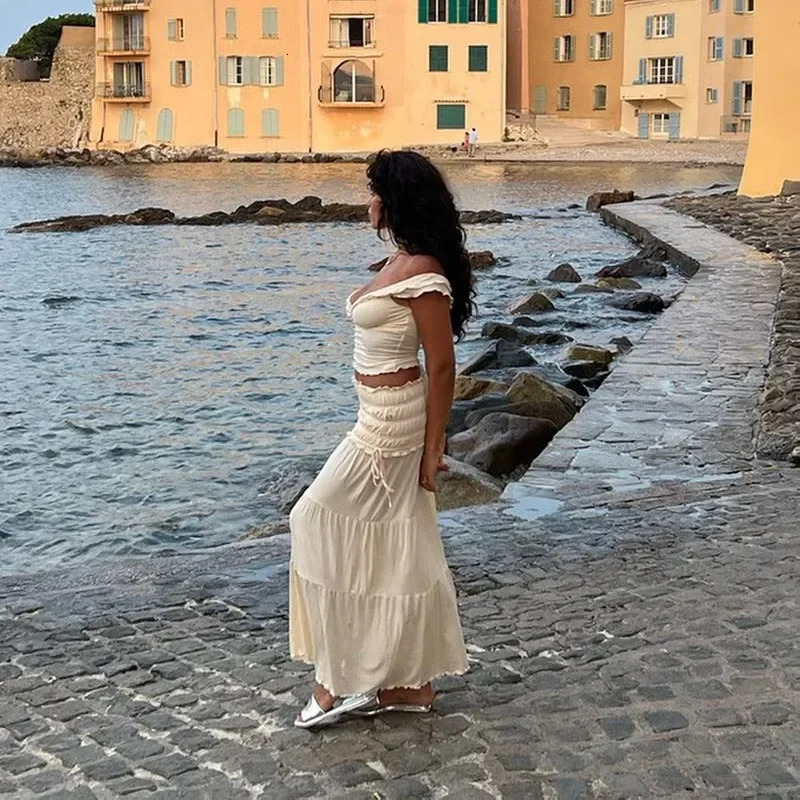 2 Piece Set Women Outfit Crop Top And Skirt Sets Fashion Summer Outfits For Women Vacation Ruffle Beach Holiday Outfits 250320