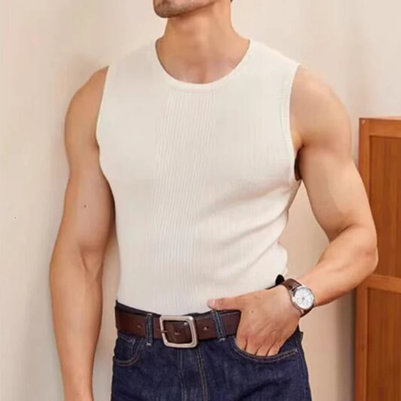 Fashion Texture Ribbed Knit Tank Tops Men Casual Slim Fit Elastic Basic Vest For Mens Spring Summer Trendy Sleeveless Camisoles 250320