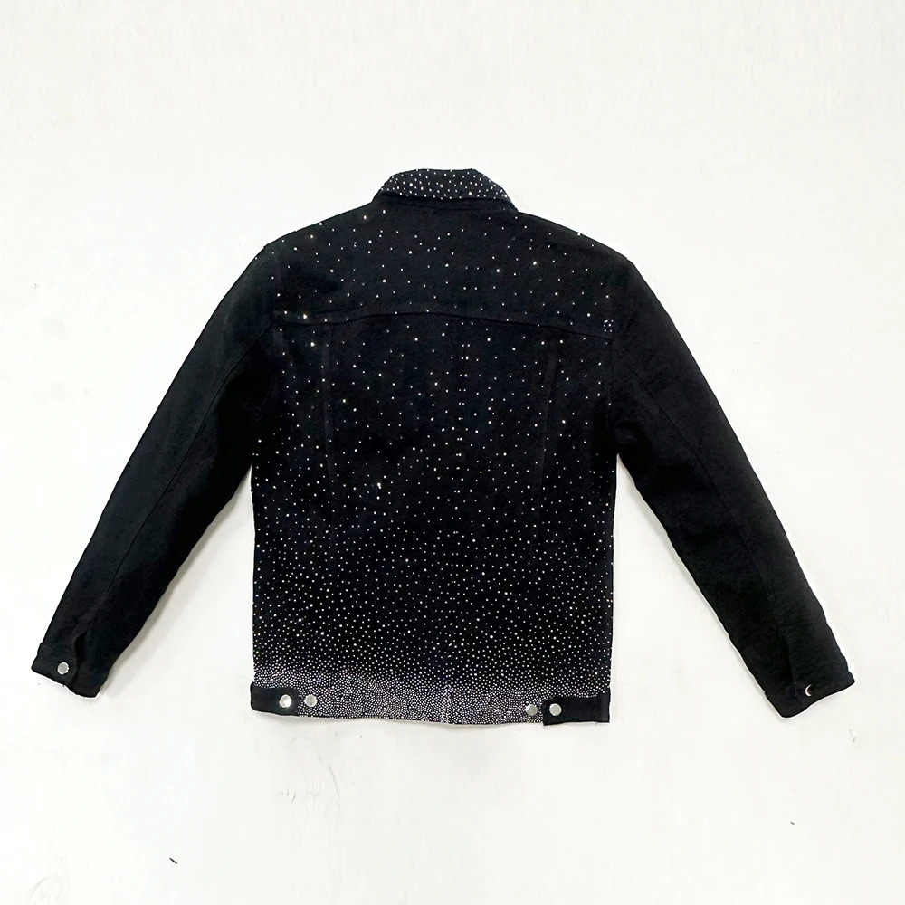 Original Black Denim Jackets For Men Slim Fit Stretchy Street Clothes Heat Press Rhinestone Males Jean Coat 250313