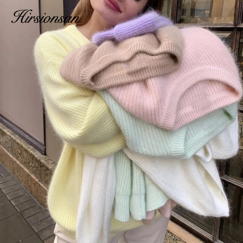 Hirsionsan Soft Loose Knitted Cashmere Sweaters Women Winter Loose Solid Female Pullovers Warm Basic Knitwear Jumper 250319