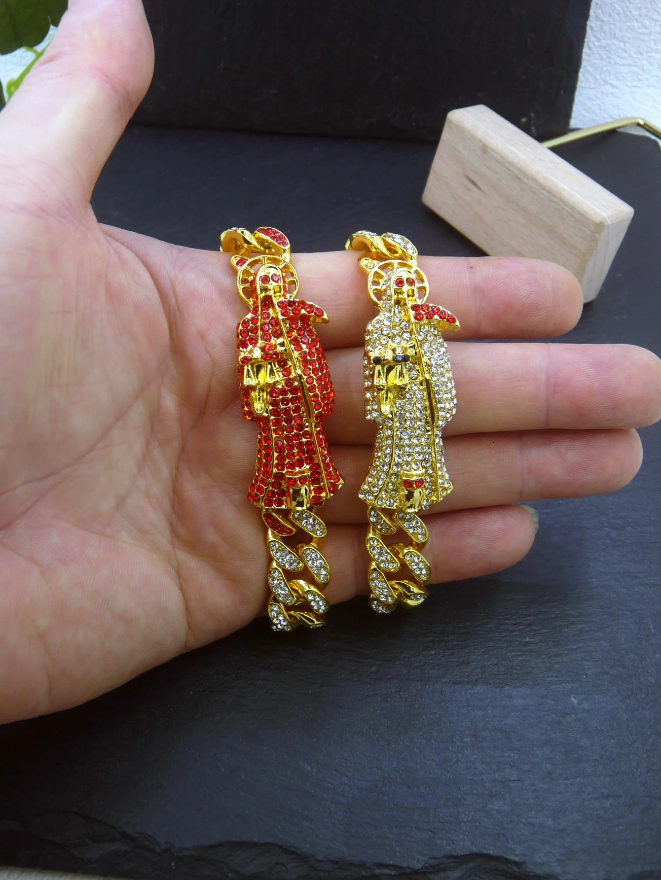 Full Diamonds Punk Hip Hop Chunky Chain Santa Muerte Bracelet Cuban Bracelet Jewelry 250321