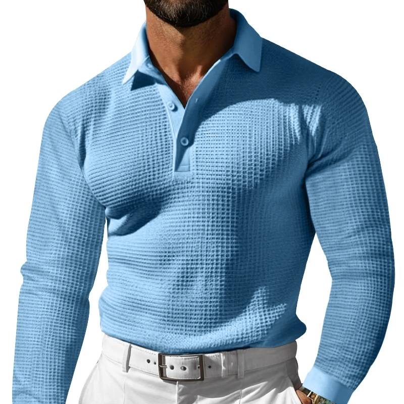 Mens plain long sleeved polo shirt with button stereo casual workwear business suit set ious style accessible for 250320