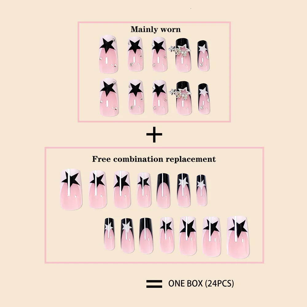 Women Girls 24Pcs Long Square Black French sparkling diamond star pendant Full Coverage Wearable Fake Nail Press on Nail Art 250319