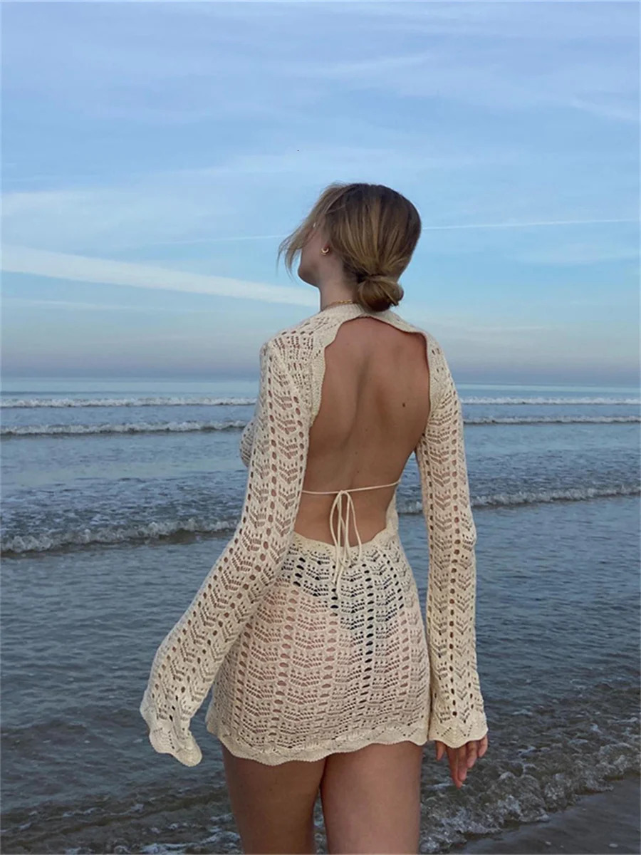 Boho Summer Backless Tie-up Mini Beach Dress Holiday Women Long Sleeve Round Neck Hollow Out Knitted Mini Dress Bikini Cover-ups 250317