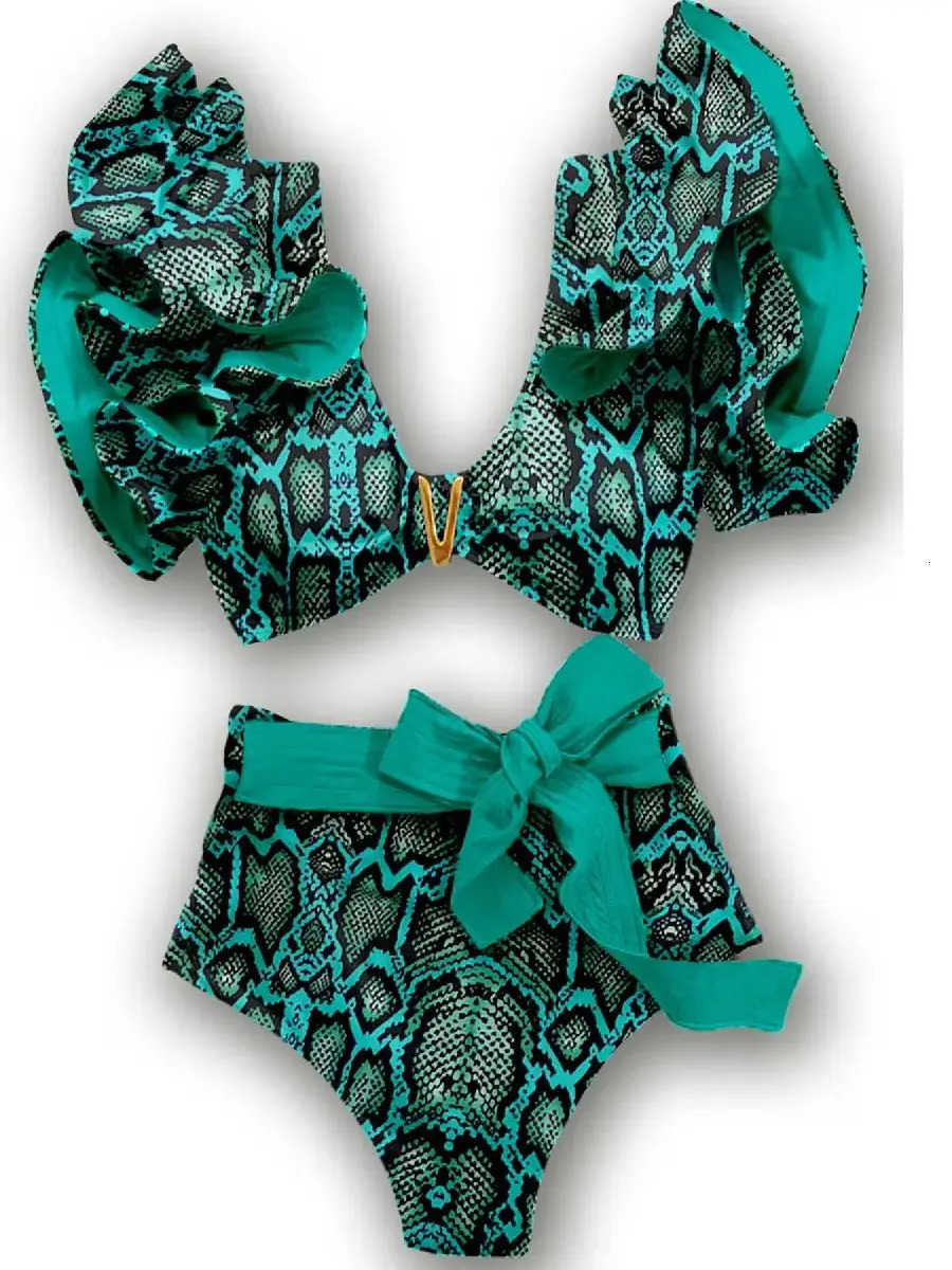 Floral Ruffled Hem Bikini Set Women Flora V-Neck High-Waisted Two Piece Swimsuit Girl Beach Bathing Suit Swimwear Biquinis 250314