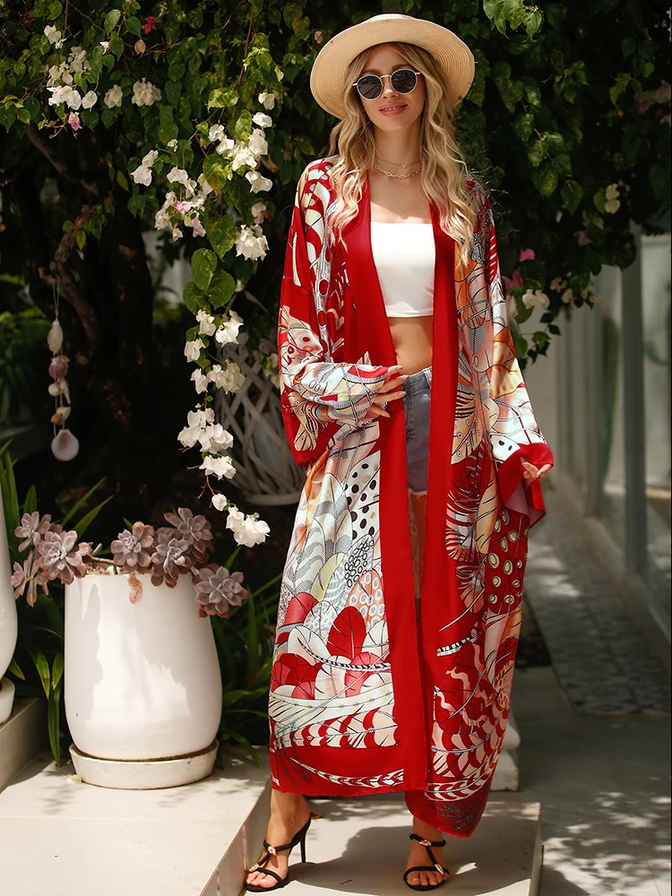Bohemian style long sleeved beach covered kimono tribal printed cardigan sun protection swimsuit cover 250321