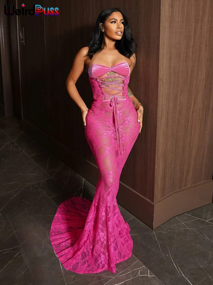 Weird Puss Sexy Party Dress Women Mesh Patchwork Strapless Shirring Hollow Coquette Banquet Elegant Summer Trend Maxi Bodycon 250320