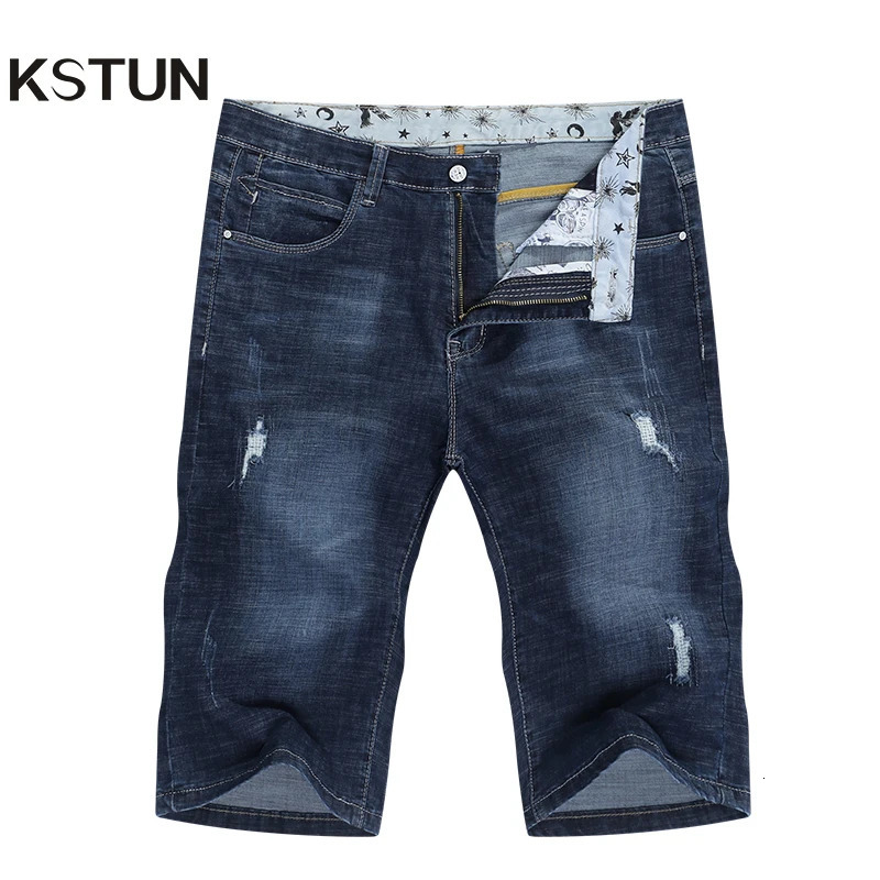 Short mens jeans branded ripped bicycle shorts denim pants elastic deep blue durable ultrathin fit Pantalon 250312