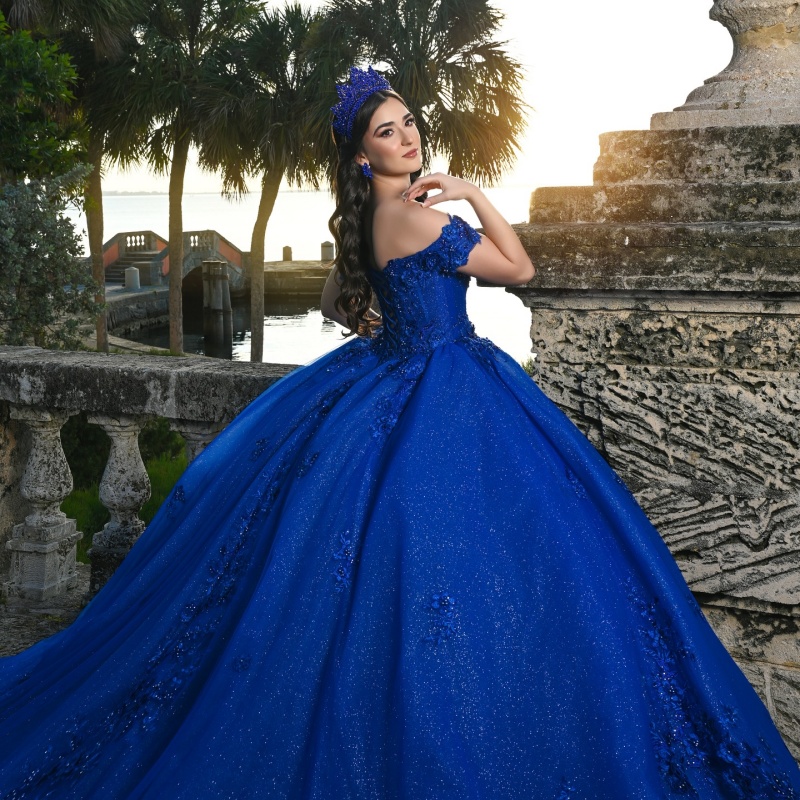 Royal Blue Sparkly Princess Off Shoulder Quinceanera Dresses Sweetheart Applique Flower Beading Crystal Tull Sweet 16 Ball Gown Vestidos De 15 anos