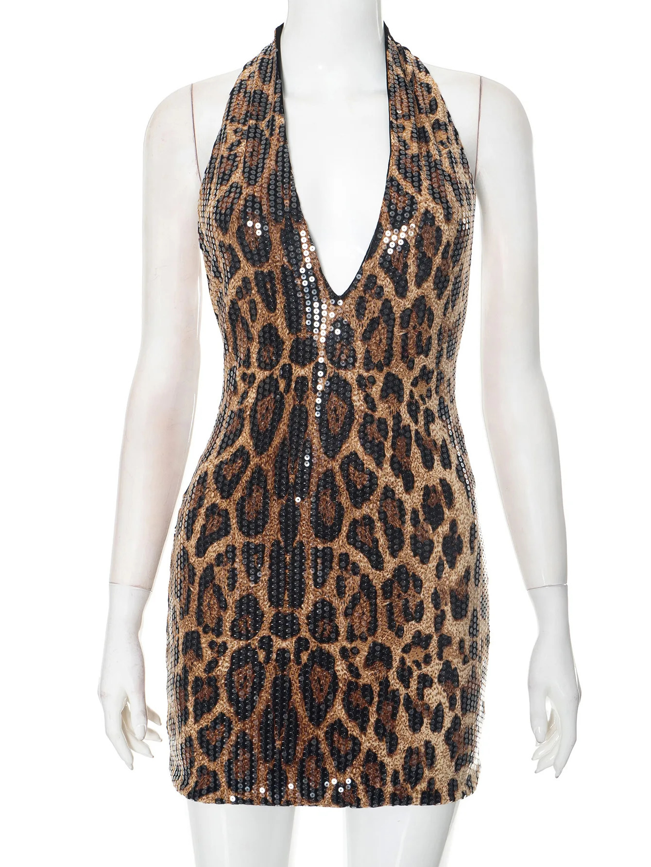 Leopard Sequin Backless Halter Short Dress Spicy Girl 2025 Spring Sexy Deep V Neck Sleeveless Slim Fit Vestidos Party Clubwear 250320