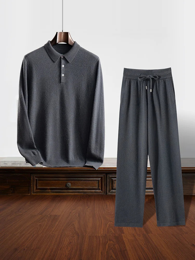 Mens Cashmere Polo Pullover Sweater Casual Soft 100% Cashmere Knitwear High-waisted Pants Spring Autumn Clothes Solid Set 250320