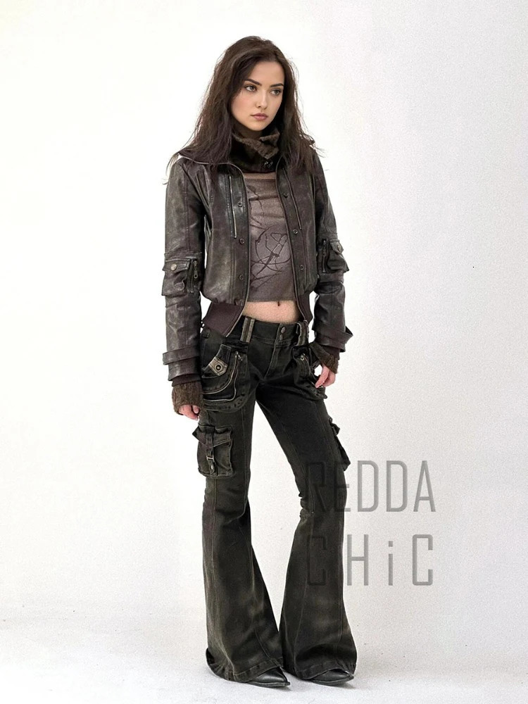 REDDACHiC Dual-Button Low Rise Women Cargo Pants Grunge Zipper Decor Pockets Do Old Whiskers Flare Jeans Grayu Y2k Streetwear 250320