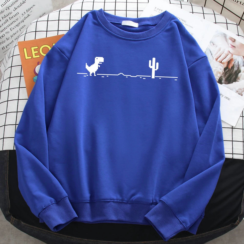 Winter Simple Womens Pullovers Mosaic Game Cactus Little Dinosaur Print Hoodie Fleece Soft Sweatshirts Loose Crewneck Clothes 250320