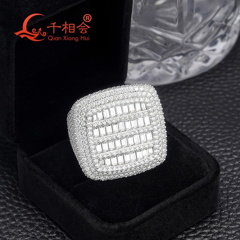 30mm emerald round melee stone square ring Sterling 925 Silver Moissanite Ring Men women Diamonds Male fine Jewelry gitf wedding