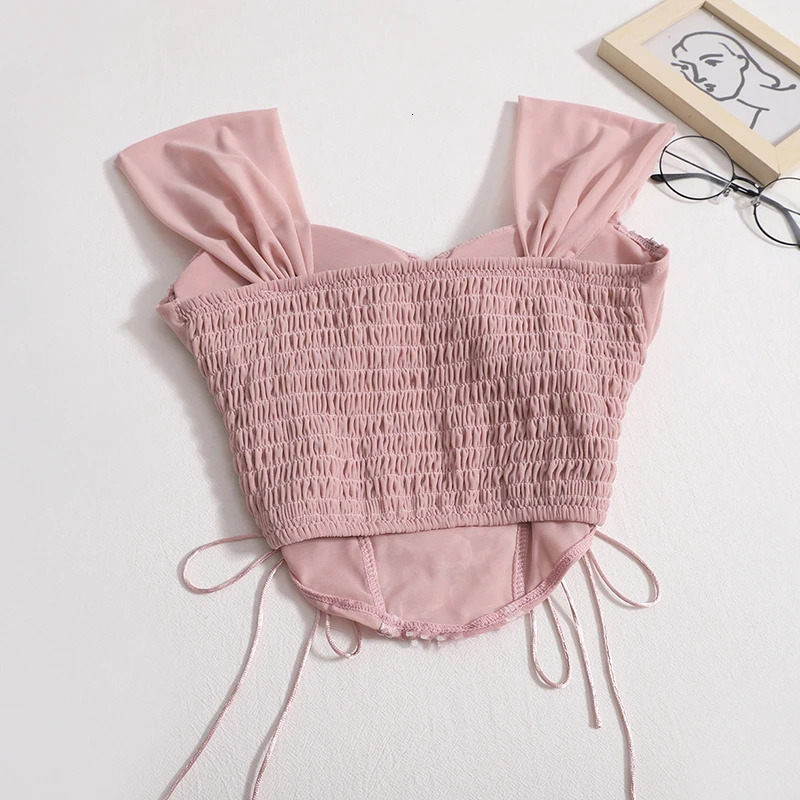 Womens bandage sexy lace strapless irregular top solid pleated crop with bra pad 2024 womens summer backless ultrathin vest 250320