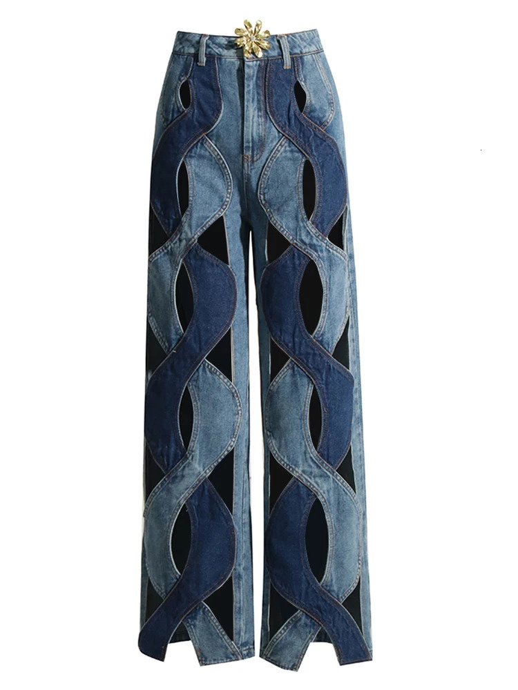 Hit Color Hollow Denim Trouser Womens High Waist Patch Work Pocket Casual Loose Straight Jeans Womens Fashion 250314