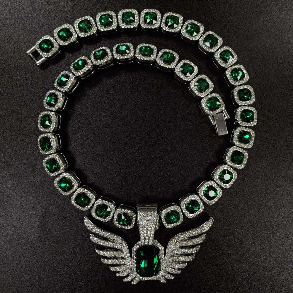 Light niche men and women fashion angel ins wing pendant emerald hip-hop rock sugar Cuban chain