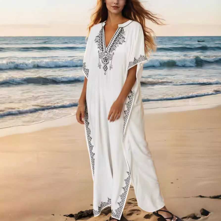 New rayon embroidered split skirt beach coat holiday gown bikini long Blouse Dress 250315