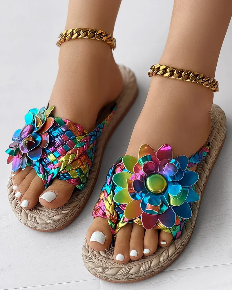 Womens fashionable casual shoes for vacation holographic woven flower pattern shoe pillars beach flip cover 250321BJ - view 6